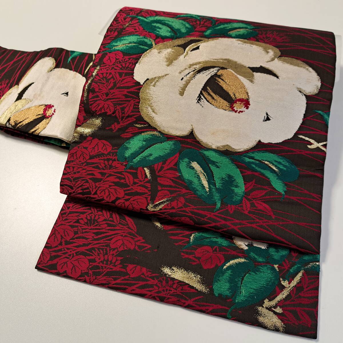 即決■着物の越田■幅29.5 長さ313 正絹 アンティーク 名古屋帯 名古屋仕立て 椿 金糸■も10J06拍卖