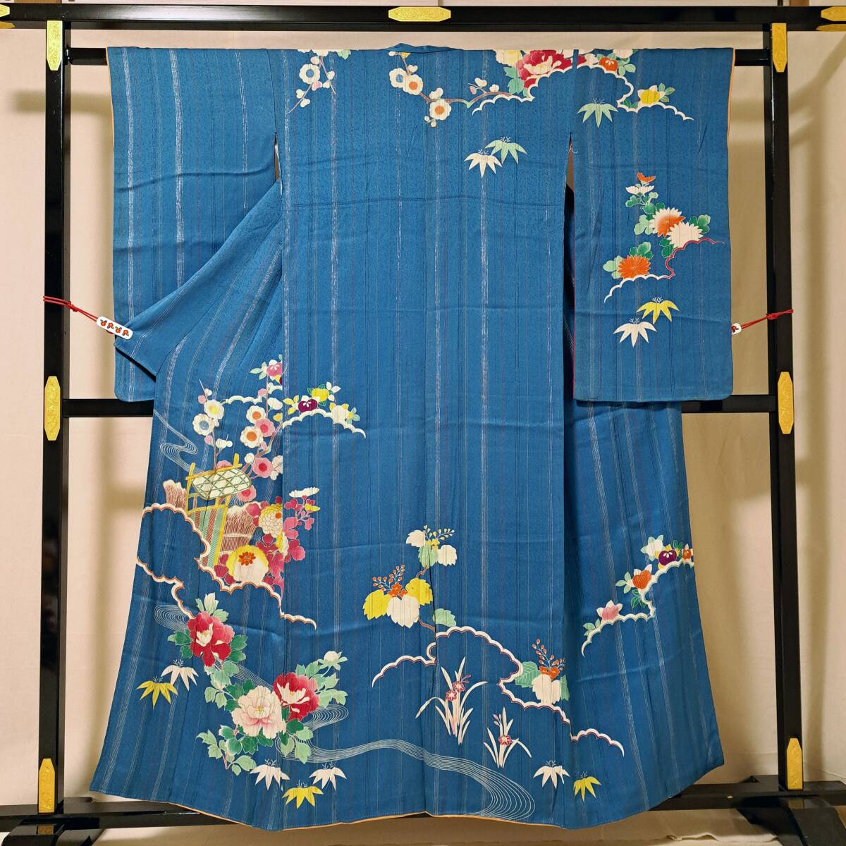 即決■着物の越田■裄64身丈154.5正絹 アンティーク着物 柴垣 刺加工 銀糸 リメイク コレクションにも■も13R03拍卖