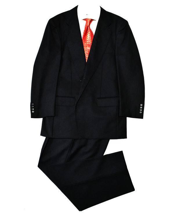 249★未使用級★『極上の逸品』★DORMEUIL★英国ドーメル★上品な艶と光沢感あるネイビーストライプ 仕立良く高級感漂う2釦段返りスーツ2L拍卖