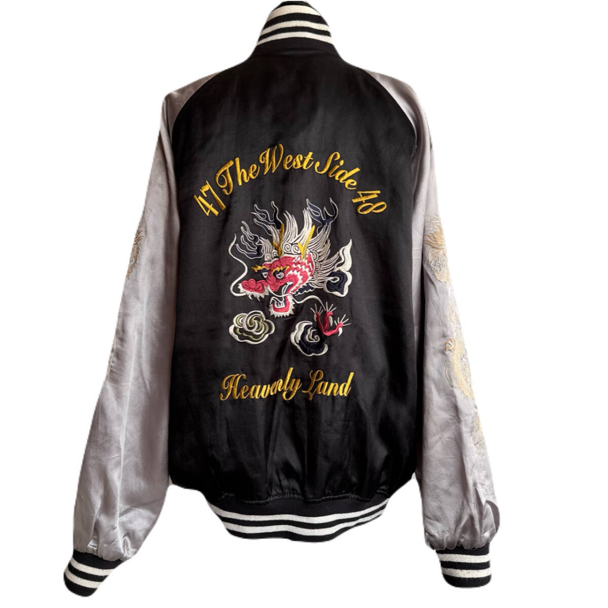 90s archive vintage 古着 Japanese Traditional ジャパニーズ トラディショナル スカジャン 龍 ドラゴン 昇り龍 Heavenly Land 刺繍 黒 L拍卖
