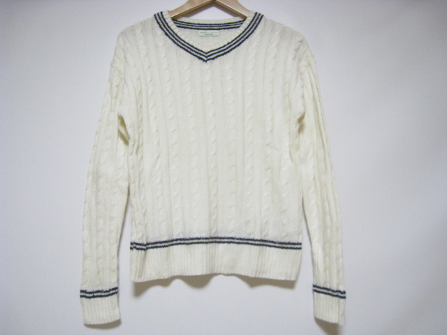 earth music&ecology アースミュージック&エコロジー ニット 長袖 Vネック オフホワイト×ネイビー 白×紺 ライン フリーサイズ 毛混拍卖