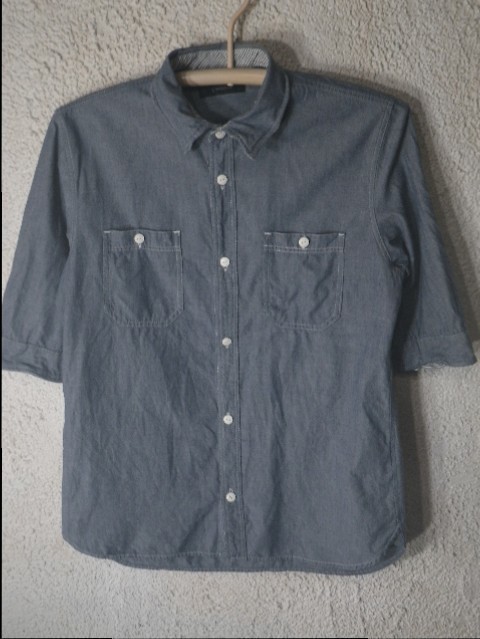 n4825 RAGEBLUE レイジブルー 五分袖 シャンブレー風 コットン シャツ 部分ストライプ 人気 送料格安拍卖