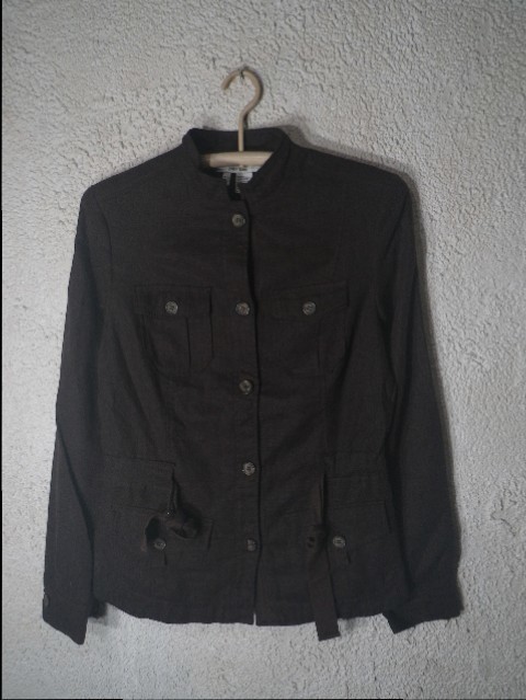 n5506 ZARA BASIC ザラ ベーシック レディース リネン 混紡 ノーカラー風 シャツ ジャケット ブラウン系 人気 送料格安拍卖