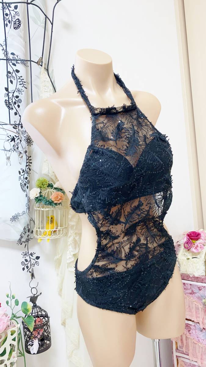 ●レディス水着 Mサイズ●スパンコール付きシースルーレース/ワイヤー有り*セクシーモノキニ/ワンピース水着:黒拍卖