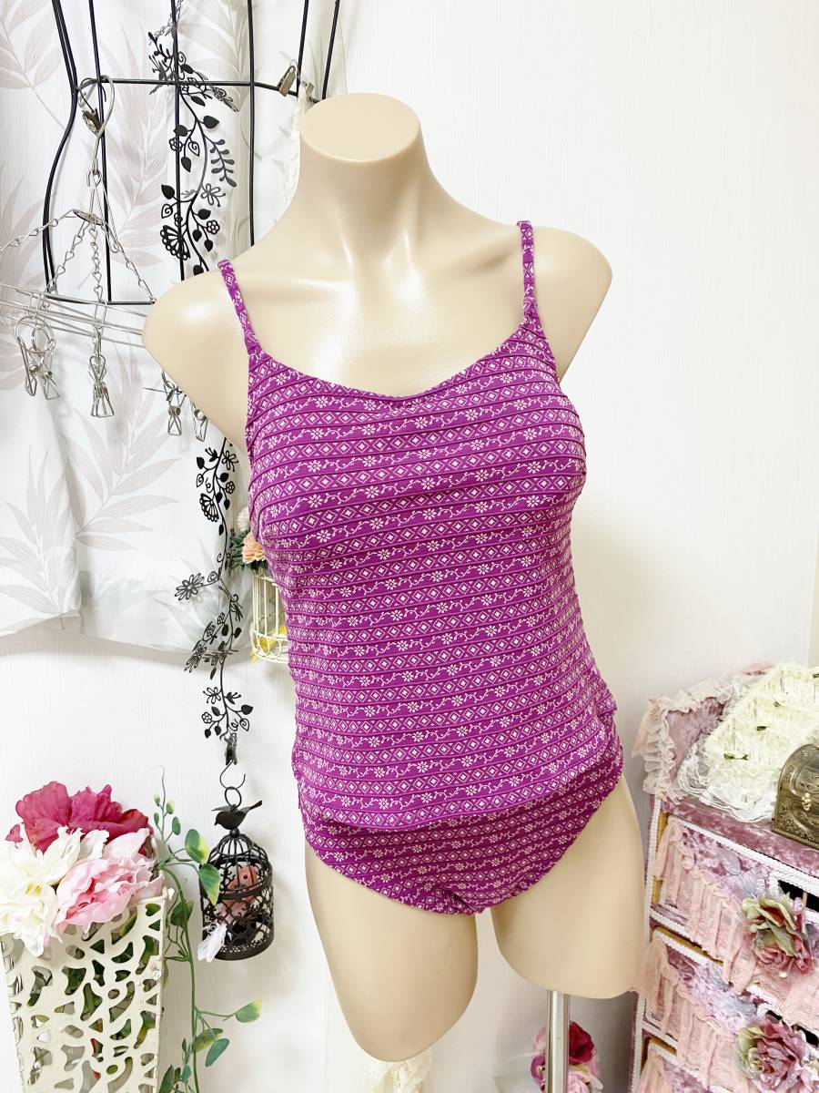 レディス水着 9Mサイズ:アルジャン◆タンキニ風*ツルすべ総裏地お腹部分ひし形補正ワンピース水着:凹凸ボーダーニット拍卖