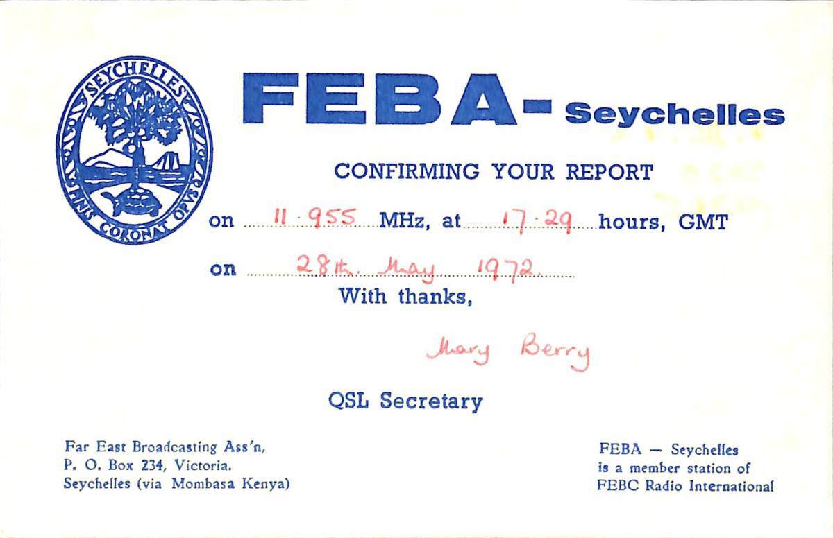 ②BCL★廃局★入手困難★希少ベリカード★FEBA★極東放送★セーシェル★インド洋★1972年拍卖