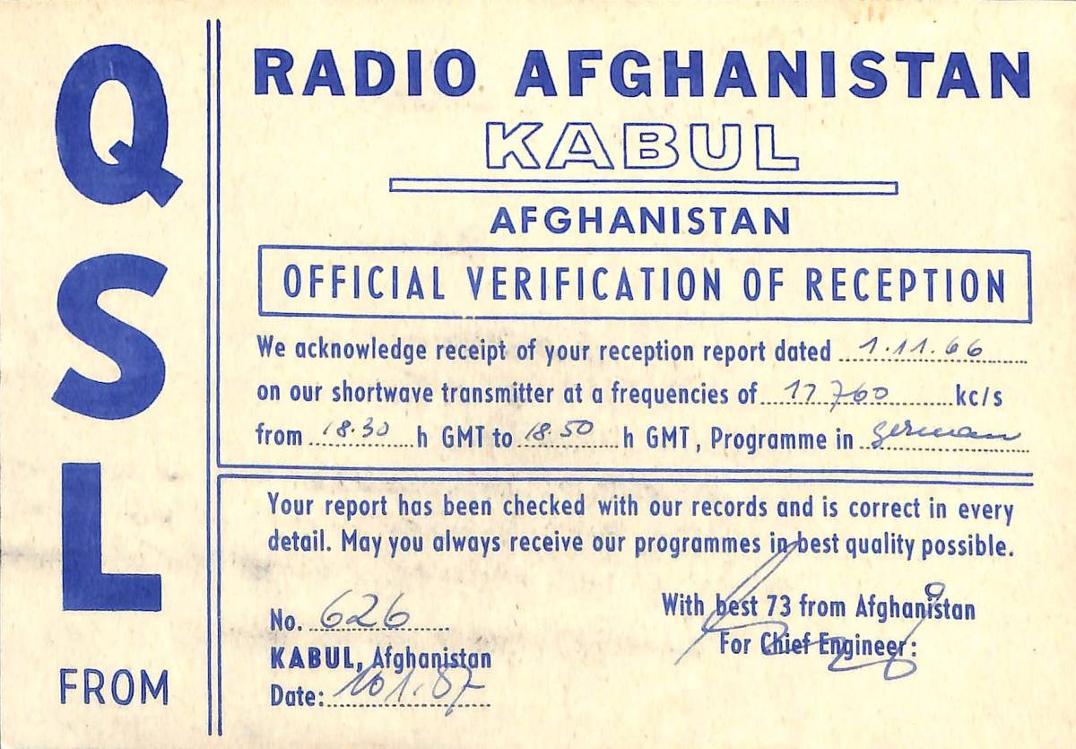 ①BCL★入手困難★ベリカード★ラジオ・アフガニスタン★RADIO AFGHANISTAN★アフガニスタン★中東★1966年 拍卖