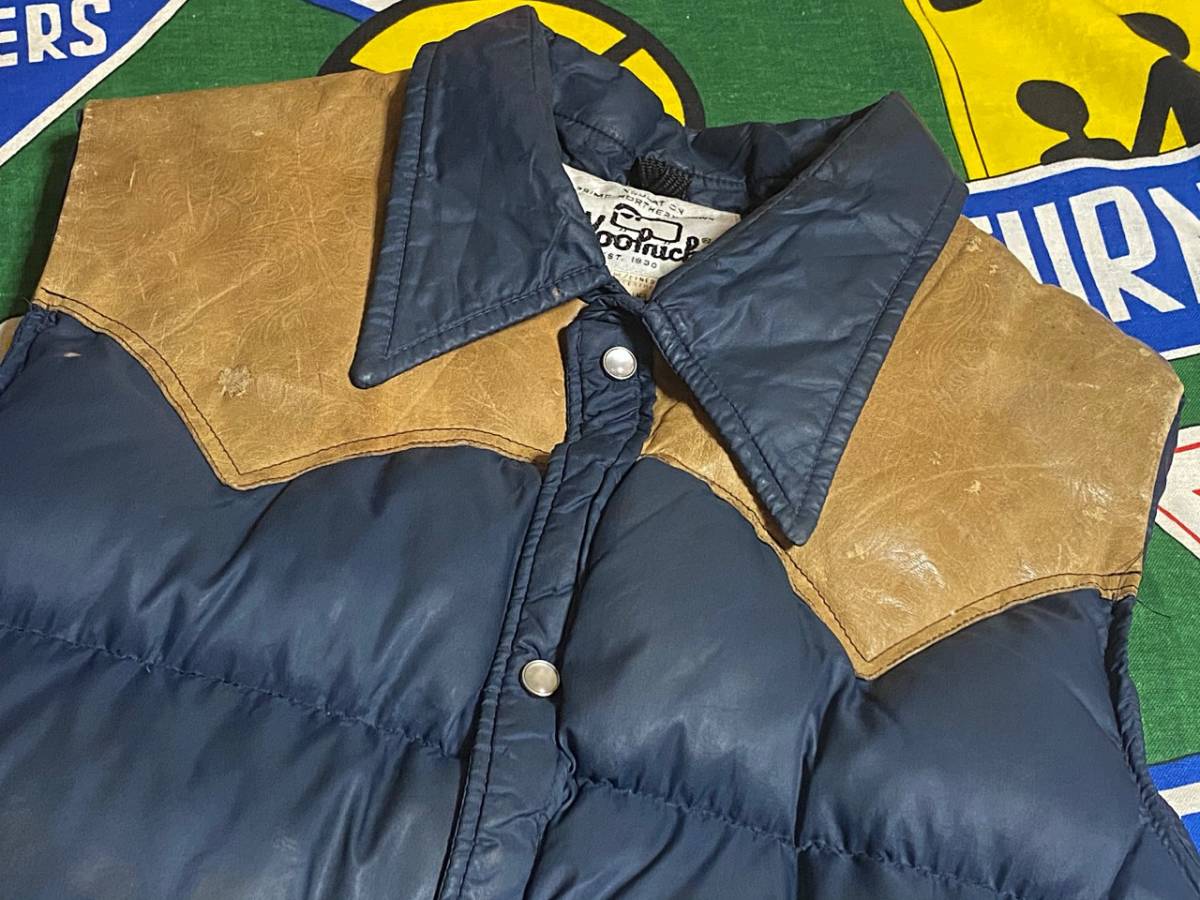 ★激レアな型押しレザーヨークの1着★Made in USA製アメリカ製WOOLRICHウールリッチビンテージダウンベスト70s70年代ネイビー×キャメルL位拍卖