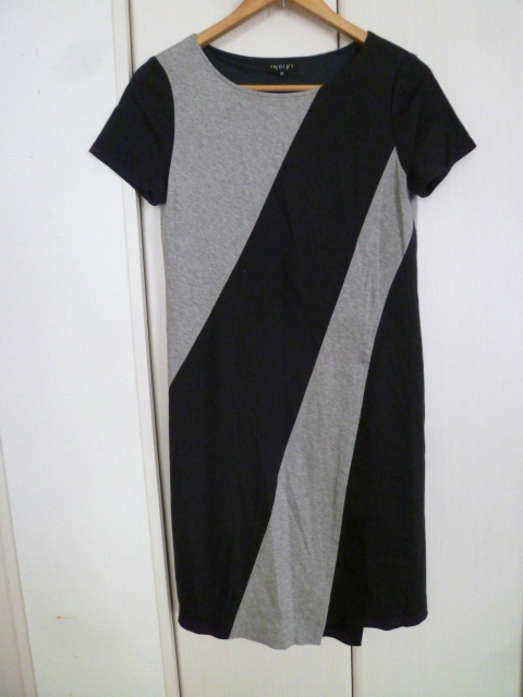 INDIVI/インディヴィ○グレー×紺レトロ柄バイカラーワンピース38/膝丈半袖ワールド○OP1113拍卖