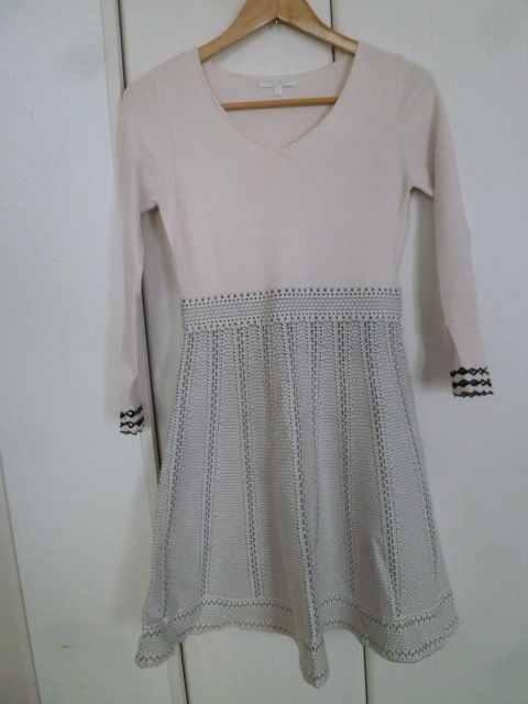 PROPORTION BODY DRESSING/プロポーションボディドレッシング○淡ベージュカットワークレース袖フレアーニットワンピース2サンエー○OP1119拍卖