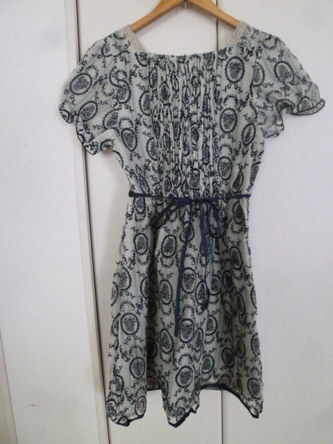 axes femme/アクシーズファム○水色系リーフ花柄ウエストリボン姫系ワンピースM/ゴスロリータ系膝丈半袖○OP1118拍卖