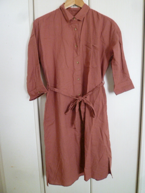 UNIQLO/ユニクロ○くすんだピンク系麻混ウエストリボンシャツワンピースM/長袖ロングリネン○OP1120拍卖