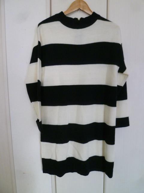 FLOW AND FIXTURE/フロウアンドフィクスチャー○紺×白太いボーダー背中ジップアップセーターニットワンピースL/ホワイトネイビー膝丈○117拍卖