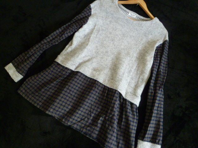 NALLIYA○グレーチェック柄ネルシャツフェイクツイン風ニットセーター/ベストツイン風異素材長袖トップス○②ST1028拍卖