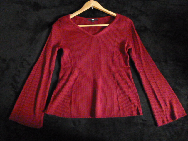 UNIQLO/ユニクロ○あずき色VネックシンプルニットM/フレア袖ベル袖ボリューム袖ウール混スカラップボルドー長袖トップス○②ST1028拍卖