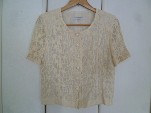 Leilian/レリアン○クリーム色系麻混レース刺繍デザインジャケット9/肩パット入り半袖M9号○②JK115拍卖