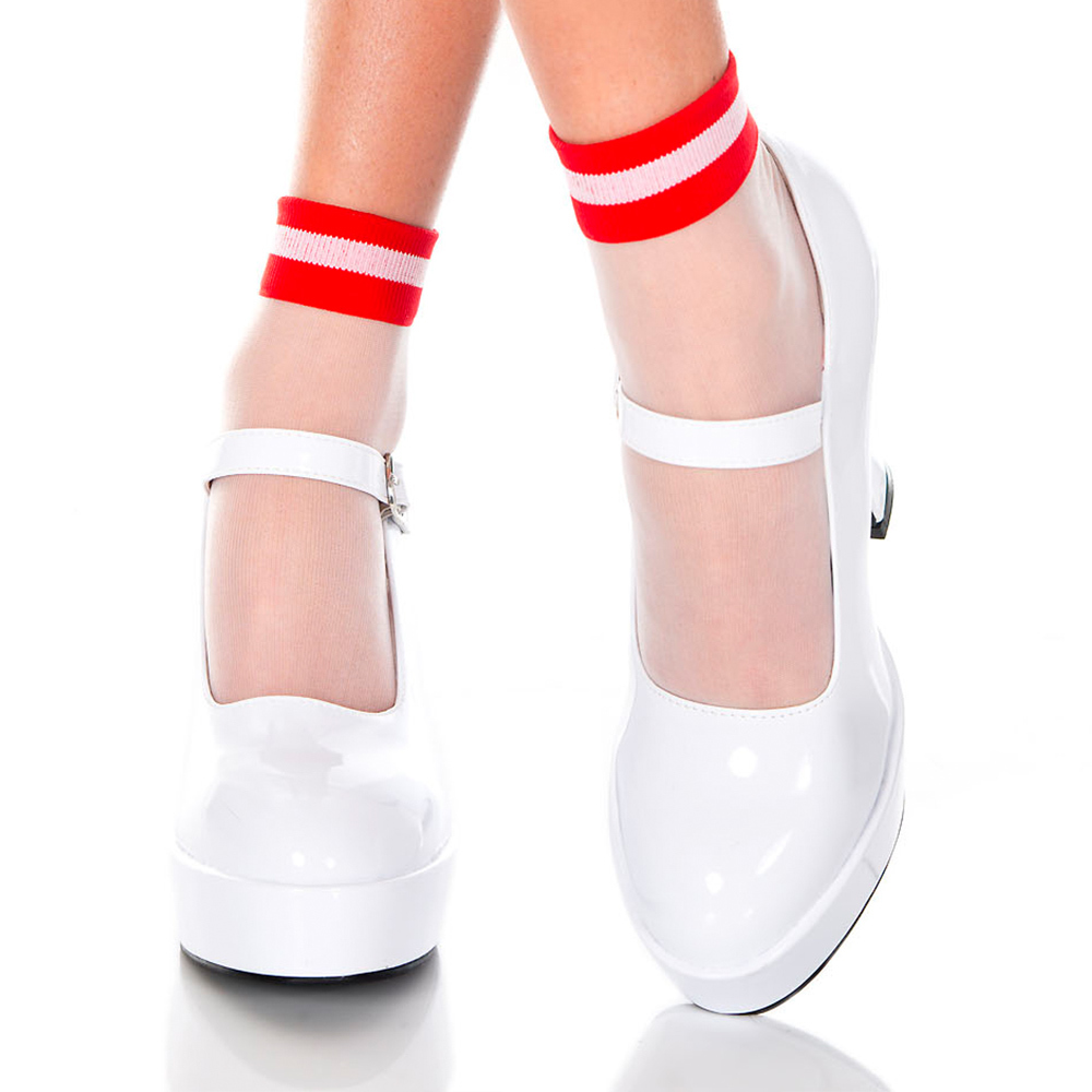 Music Legs ストライプ シアー アンクルハイソックス レッド拍卖
