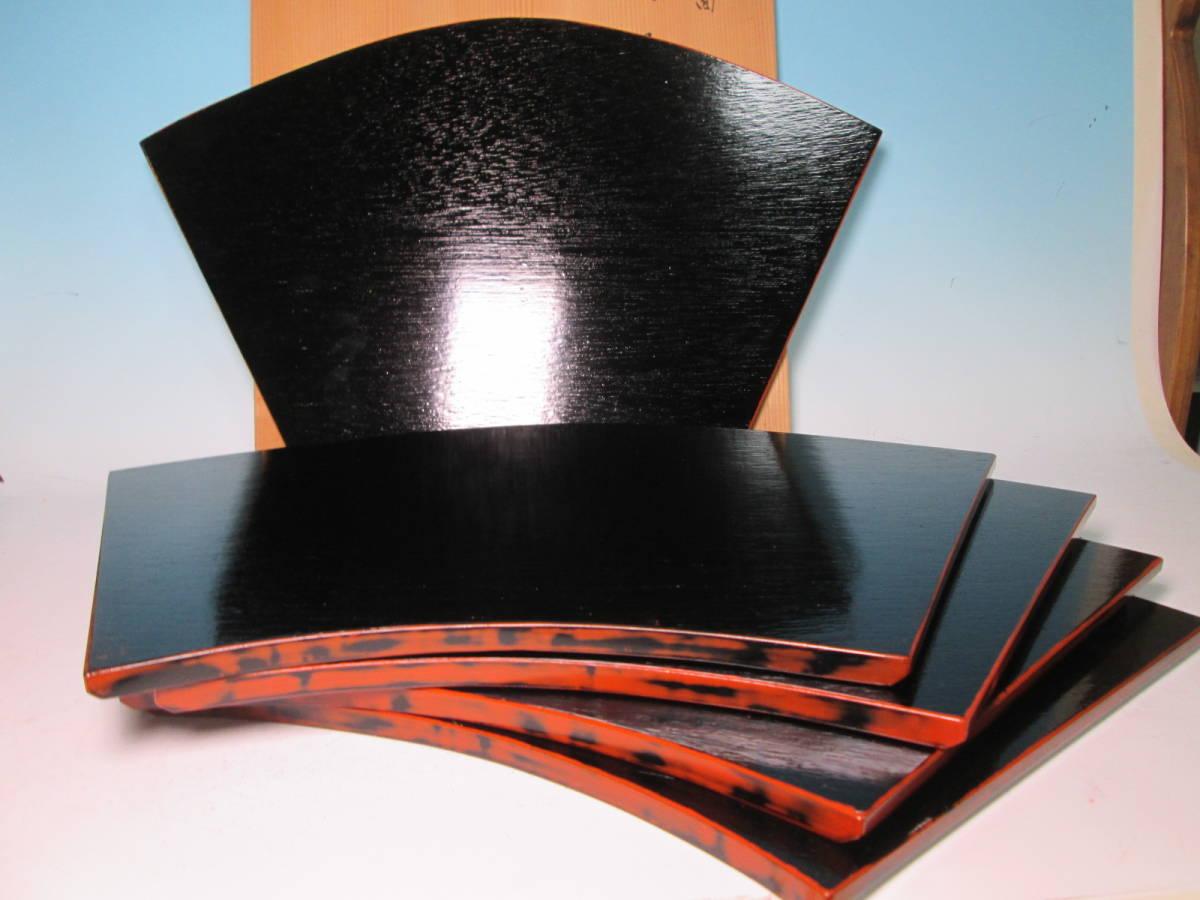 ☆茶道具 奈良 青紫園作 根来塗 大判 扇面 吸物膳 五 共箱 茶懐石料理盆拍卖