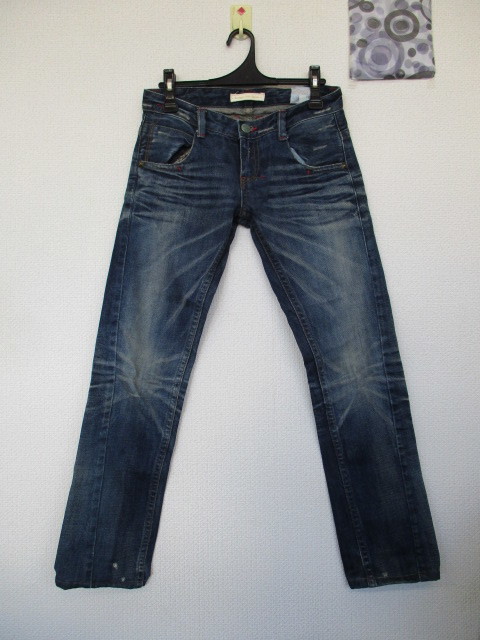 ★ Indigo bar denim ダメージ加工 デニム ジーンズ 26 革?ラベル付拍卖