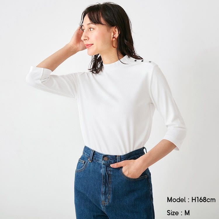 GU/ジーユー リブショルダーボタンプルオーバー 7分袖 オフホワイト 白 S拍卖