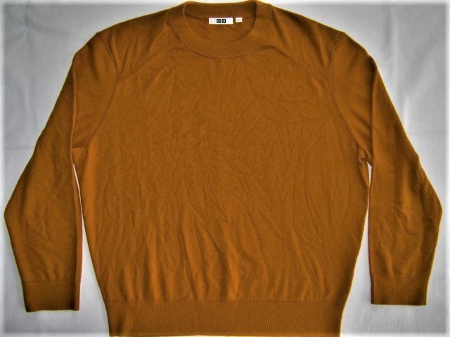 ★古着 2019年 UNIQLO U ユニクロ コットンカシミヤクルーネックセーター(長袖)+ L 47.YELLOW マスタード色 薄手ニット 綿95%カシミヤ5%★拍卖