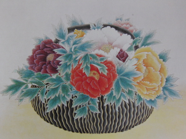 三井淳生、【黒い花器の牡丹】、希少な額装用画集より、新品額装付、状態良好、送料込み拍卖