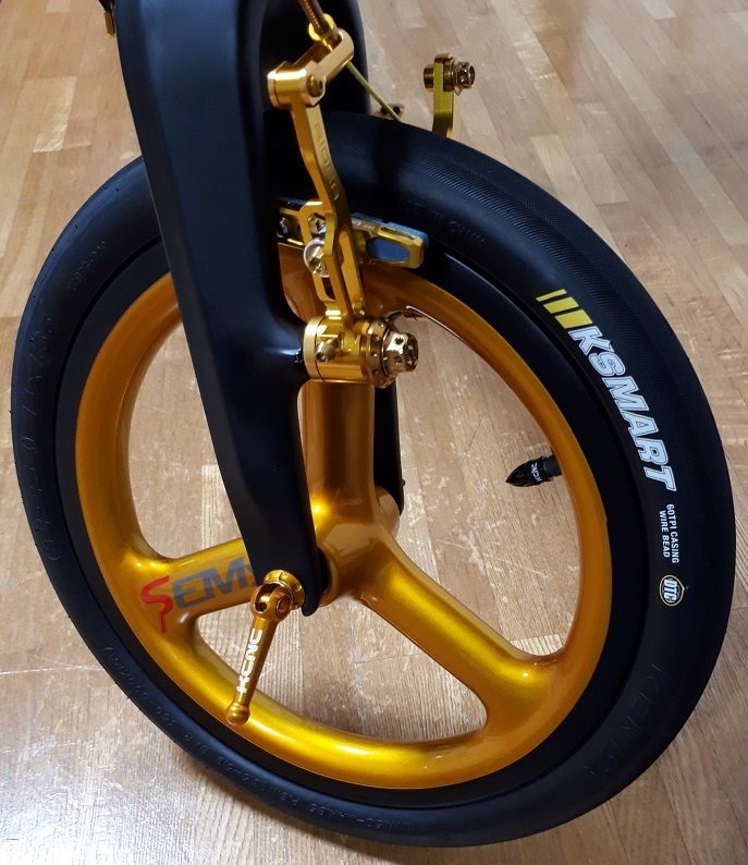 ■特注-東レT700最高品質軽量Carbon3SpokeBatonWheelGoldGlossPainting■カーボン3スポークバトンホイール/Front14-74/Vbrake/オーダー可拍卖