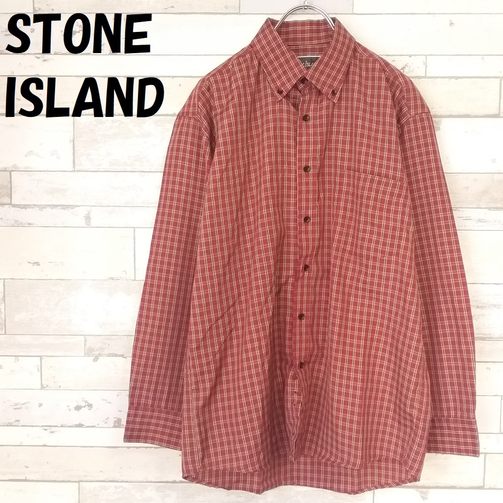 【人気】STONE ISLAND/ストーンアイランド チェック柄 ボタンダウンシャツ 長袖 レッド系 サイズM/8633拍卖