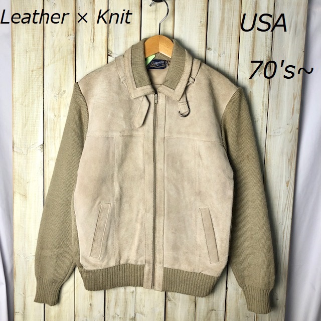 USA古着 ヴィンテージ 70s~ スウェード×ニットジャケット M ベージュ ブルゾン オールド アメリカ古着 革ジャン ●53拍卖