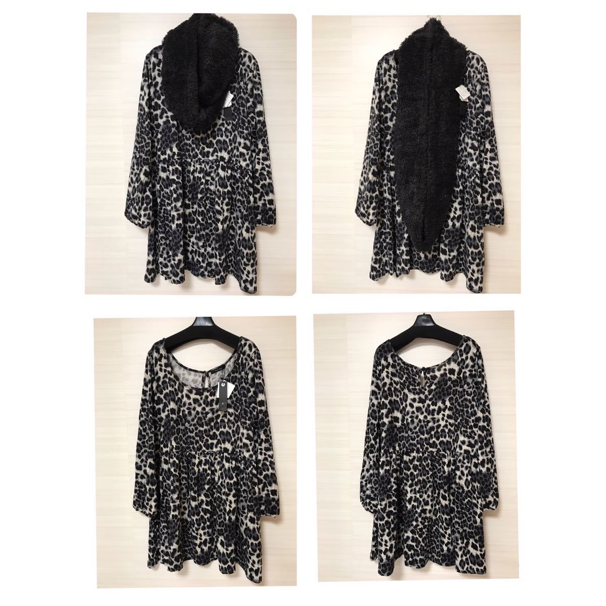 【新品タグ付】MINKMOSSI (大きいサイズ)レオパード ヒョウ柄ワンピース スヌード付 長袖ワンピース チュニック トップス拍卖