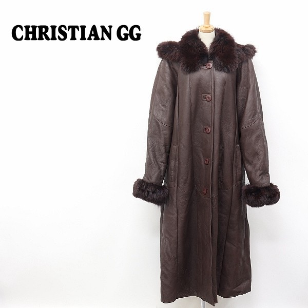◆CHRISTIAN GG フォックスファー ラムレザー ムートン フーデッド ロング コート ダークブラウン L拍卖