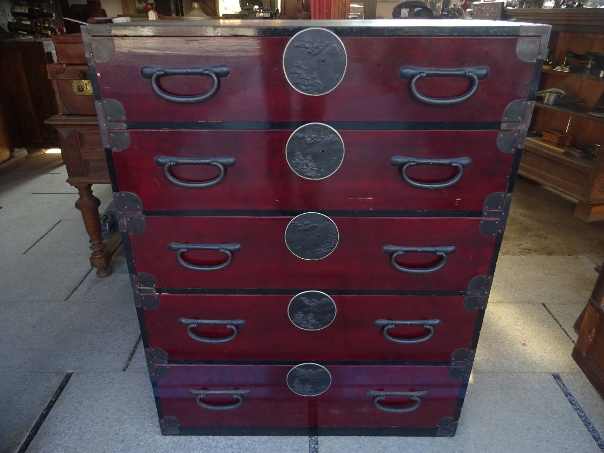 【明治期松本衣装箪笥】鍵付き古道具アンティーク骨董インテリア収納家具階段箪笥リビング車船掛硯囲炉裏筆自在鉤リフォーム新築拍卖