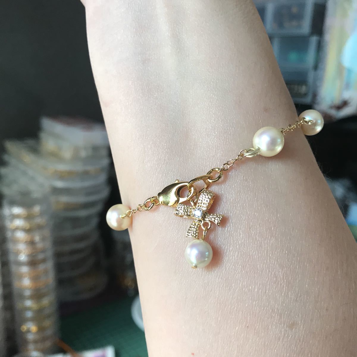 貝パール8ミリのステーションブレスレット#可愛いリボン拍卖