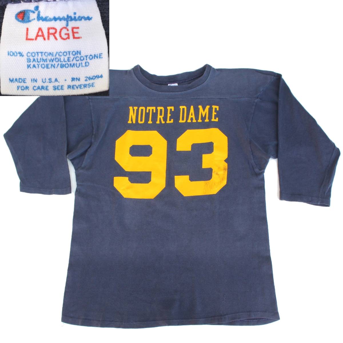 (22139)80s ChampionチャンピオンMADE IN USAフットボールTシャツL (紺黄ナンバリングNOTREDAME93アメリカ製トリコタグ ヴィンテージ)拍卖