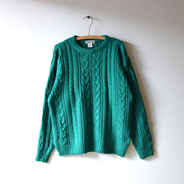 【送料無料】90s ヴィンテージ アクリルニット ケーブル模様 セーター 緑色 グリーン メンズM CH0234拍卖