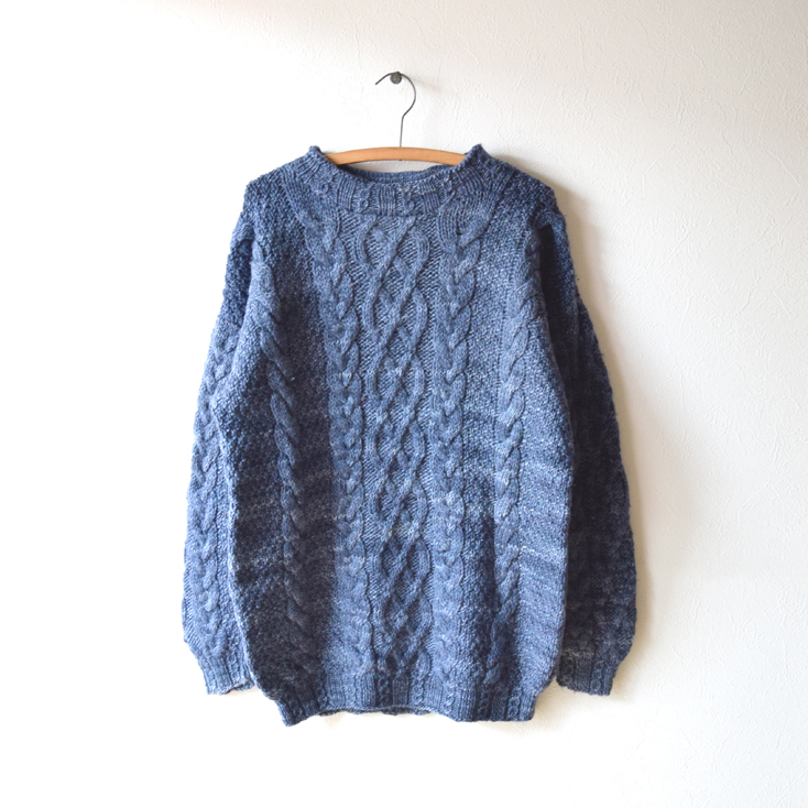 【送料無料】80s 90s オールド ケーブル編み ハンドニット セーター ウールニット ヴィンテージ 紺色 ネイビー メンズL程度 CH0241拍卖