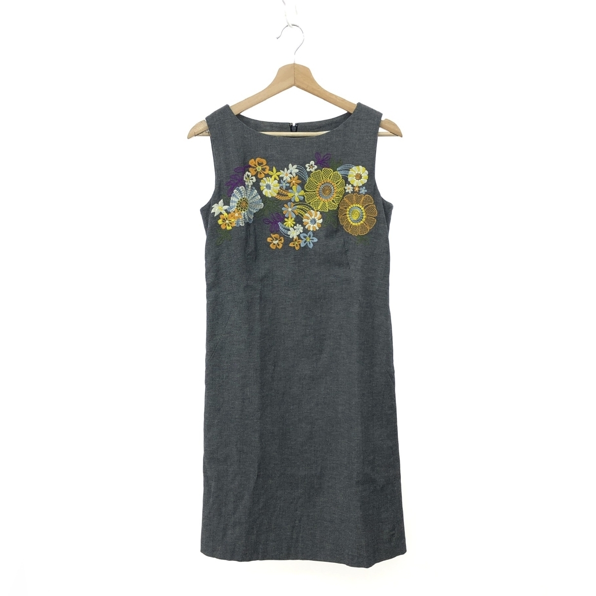 美品◆49AV.Junko shimada 49アベニュージュンコシマダ 花柄刺繍ノースリーブワンピース サイズ:38 麻混 グレー レディース拍卖