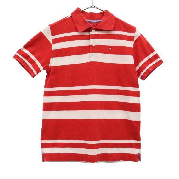 TOMMY HILFIGER トミーヒルフィガー ボーダー 半袖 ポロシャツ M 8-10 レッド×ホワイト 鹿の子地 キッズ拍卖