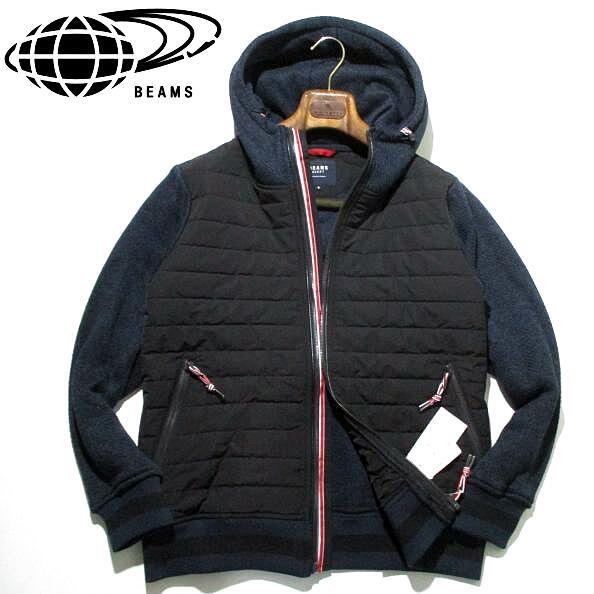 新品 未使用▼ ビームス 中綿入り ハイブリッド フーデッドブルゾン BEAMS Mサイズ 黒 紺 ネイビー ジャケット 秋冬 防寒拍卖