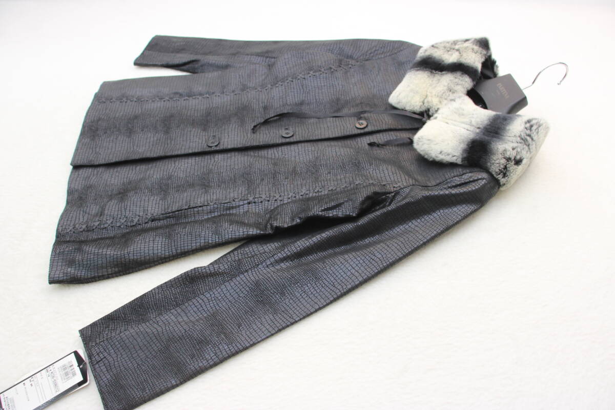 6703 新品タグ付き レッキスファー付き高級本革レザーロングジャケット ブラックSサイズ拍卖