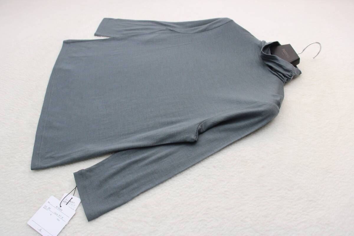 7384 新品タグ付き 日本製毛100%シャーリングボトルネック七分袖プルオーバー カーキグレー40 定価¥13,125税込み拍卖