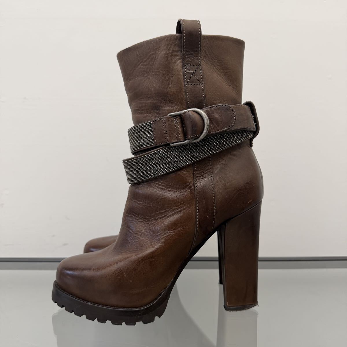 【美品】 ブルネロクチネリ ブーツ モニーレ ベルト ブラウン 36 BRUNELLO CUCINELLI レザーブーツ レザー レディース 靴拍卖