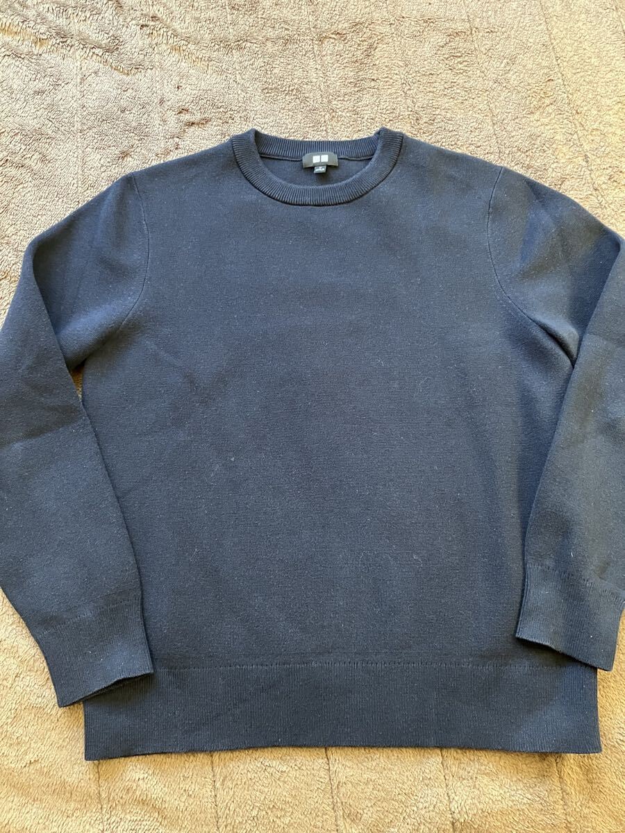ユニクロ M ネイビー ミラノリブ 紺 ニット セーター UNIQLO クルーネック拍卖