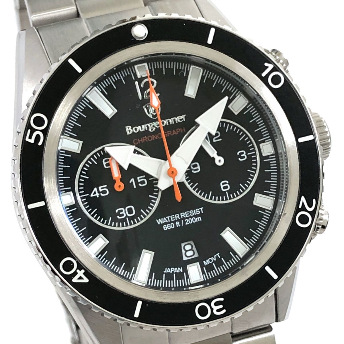 新品 Bourgeonner ブルジョネ 腕時計 BG-001BK クオーツ ラウンド クロノグラフ ダイバー カレンダー ブラック シルバー コレクション。拍卖