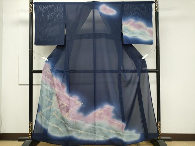 平和屋着物*夏物 訪問着 絽 立波文 暈し染め 金彩 正絹 逸品 CABB1730ou拍卖