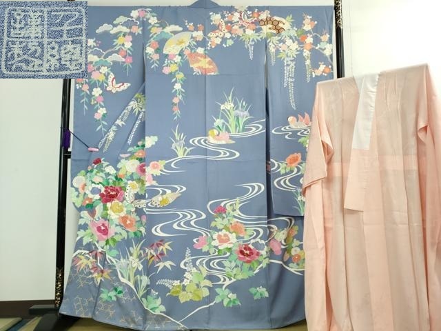 平和屋本店●極上 創業460年・千總 振袖・長襦袢(無双仕立て)セット 駒刺繍 舞蝶鴛鴦花文 青藤色地 金彩 高島屋扱い 逸品 DZAB2439kh6拍卖