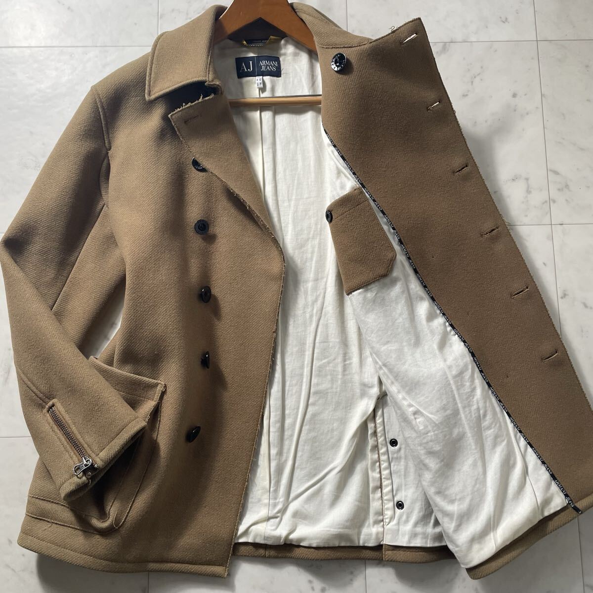 超弩級XXL!!!【アルマーニ ARMANI】ナポレオンコート Pコート ジャケット ダブル◎ ロゴ◎ 伸縮◎ ストレッチ性◎ アンゴラ◎ 54◎拍卖