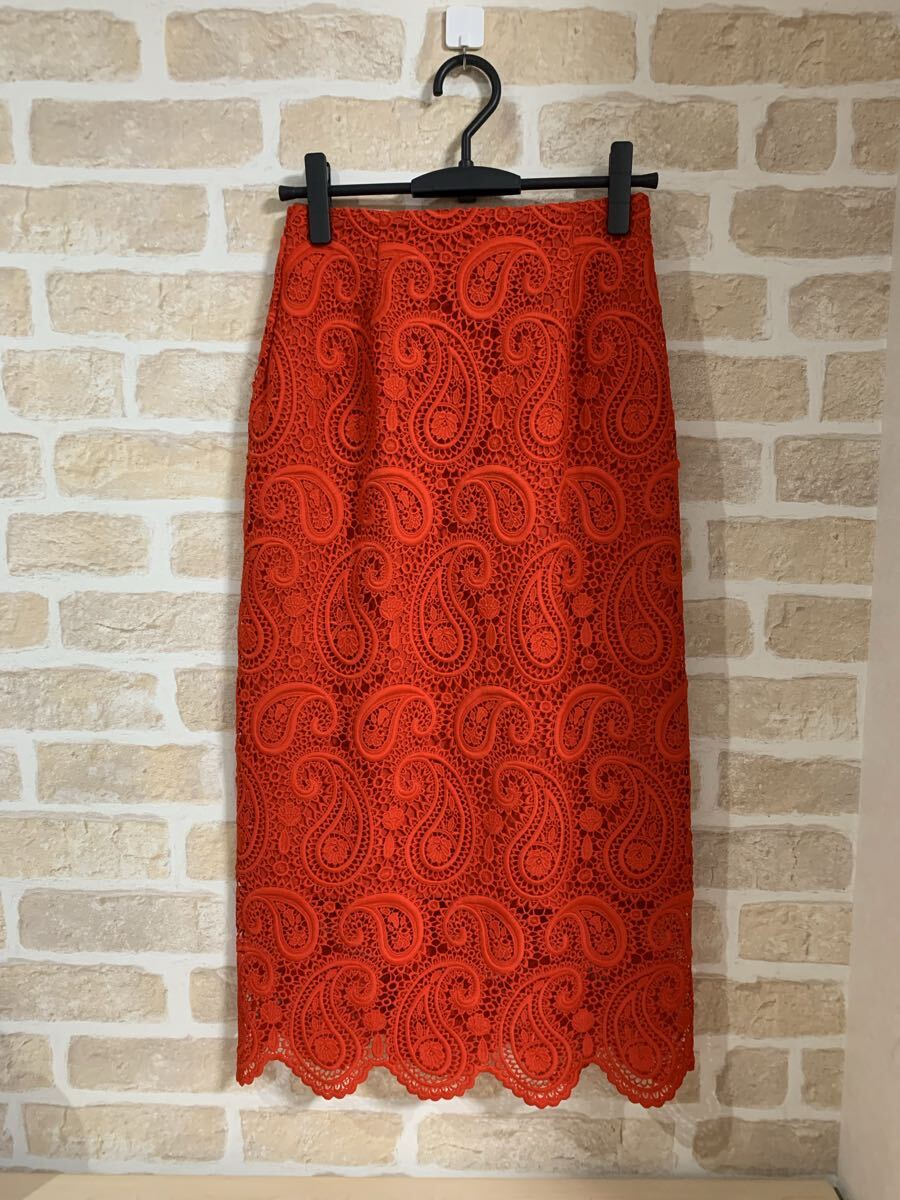 A12-024 CELFORD セルフォード ペイズリー レース タイトスカート レッド 朱色 総レース スカート レディース 38 美品 女性 ロング タイト拍卖