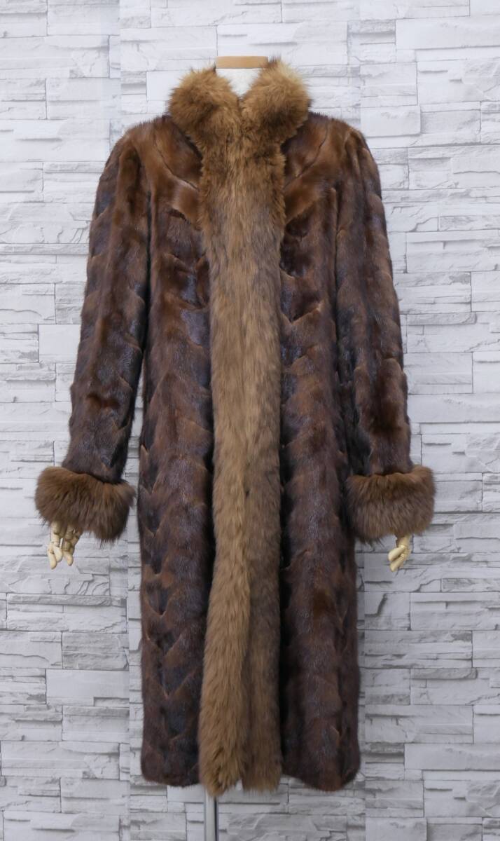 ☆デミバフミンク☆ロングコート☆着丈110cm☆染めブルーフォックストリミング(襟・前立て・袖先)☆レアデザイン☆拍卖