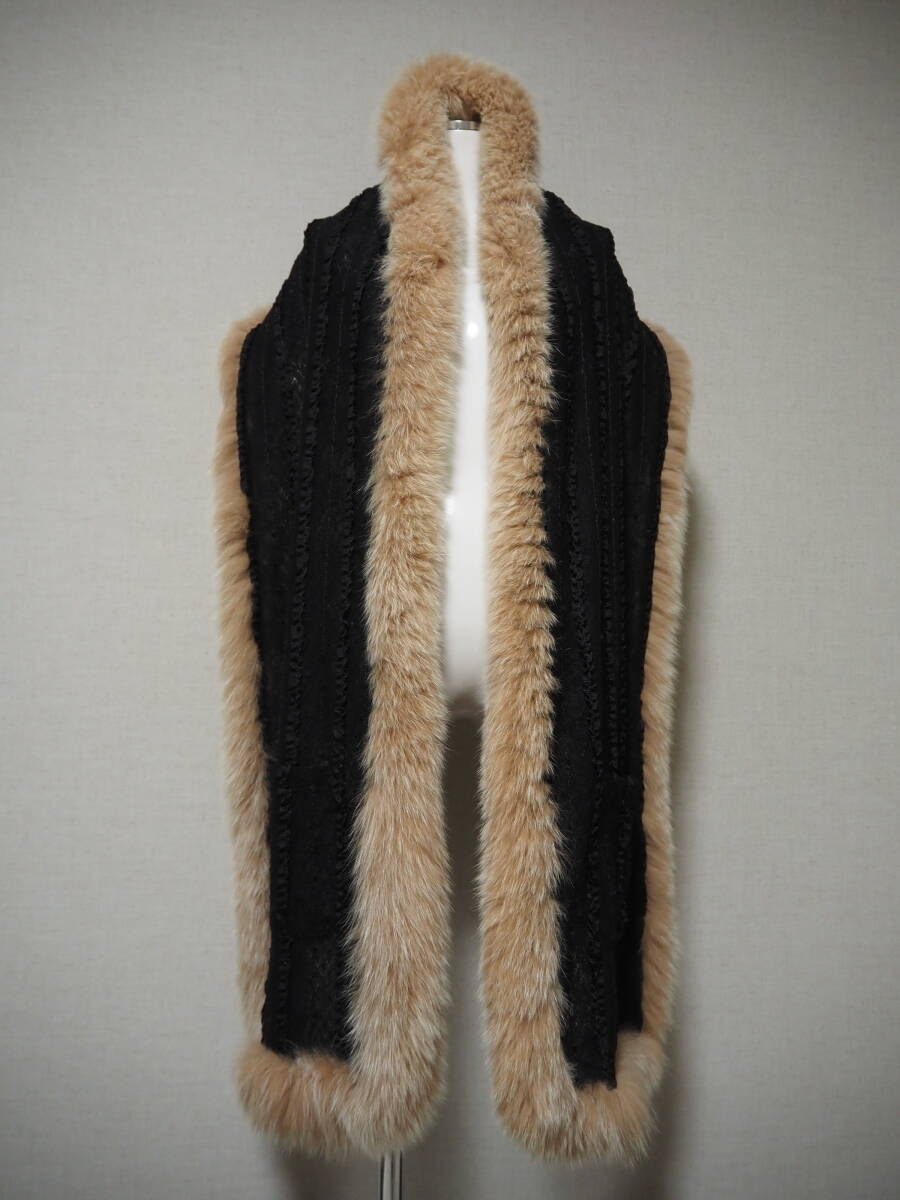 ■染めブルーフォックス×ニット■大判ショール■38cmx204cm■拍卖